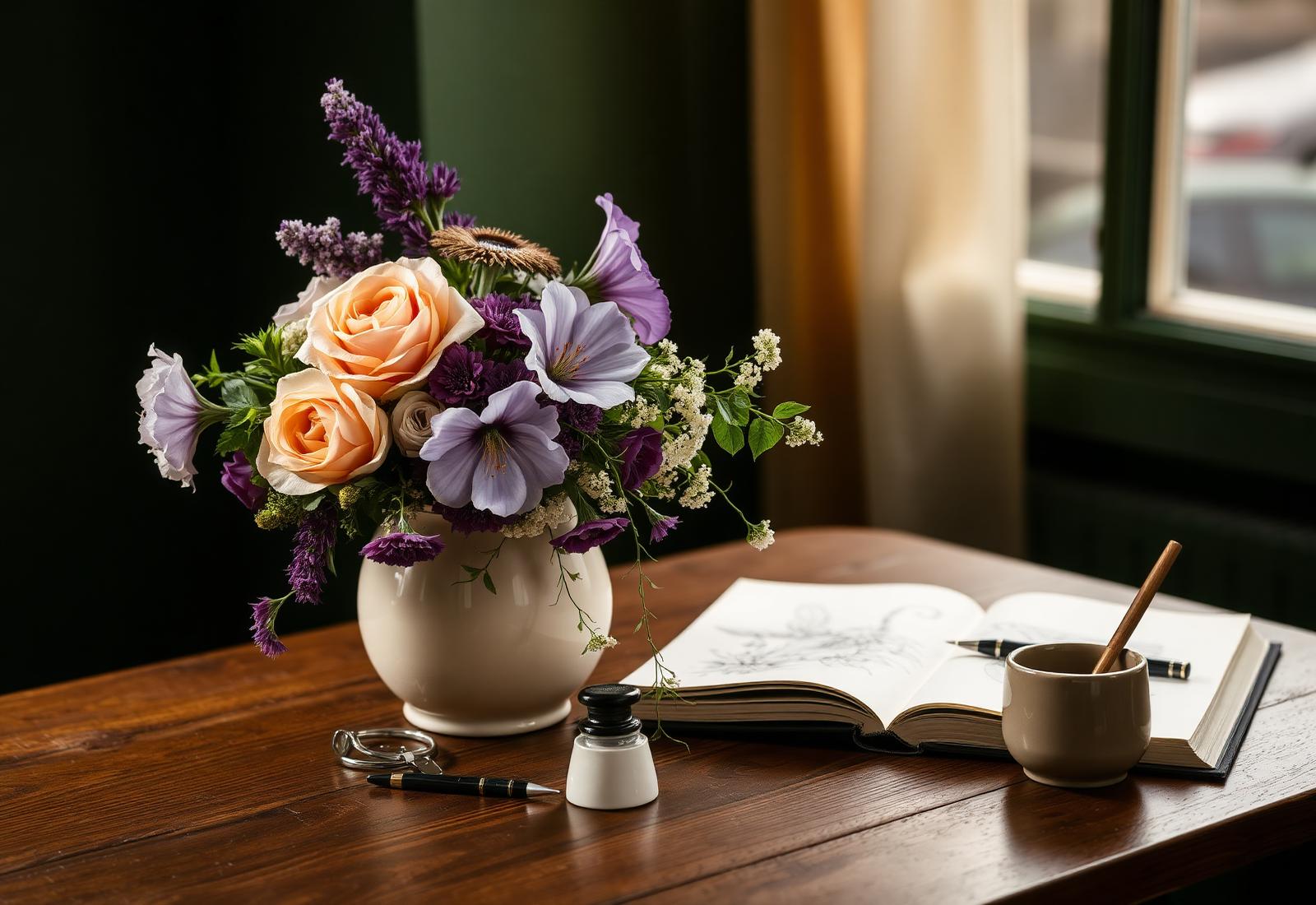 Seasonal arrangement of peach roses and purple blooms beside a botanical sketchbook