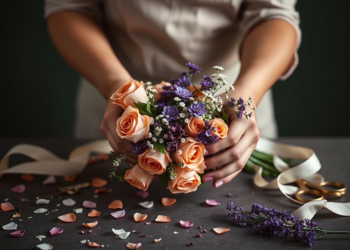 Hands composing a bouquet of peach roses at the worktable